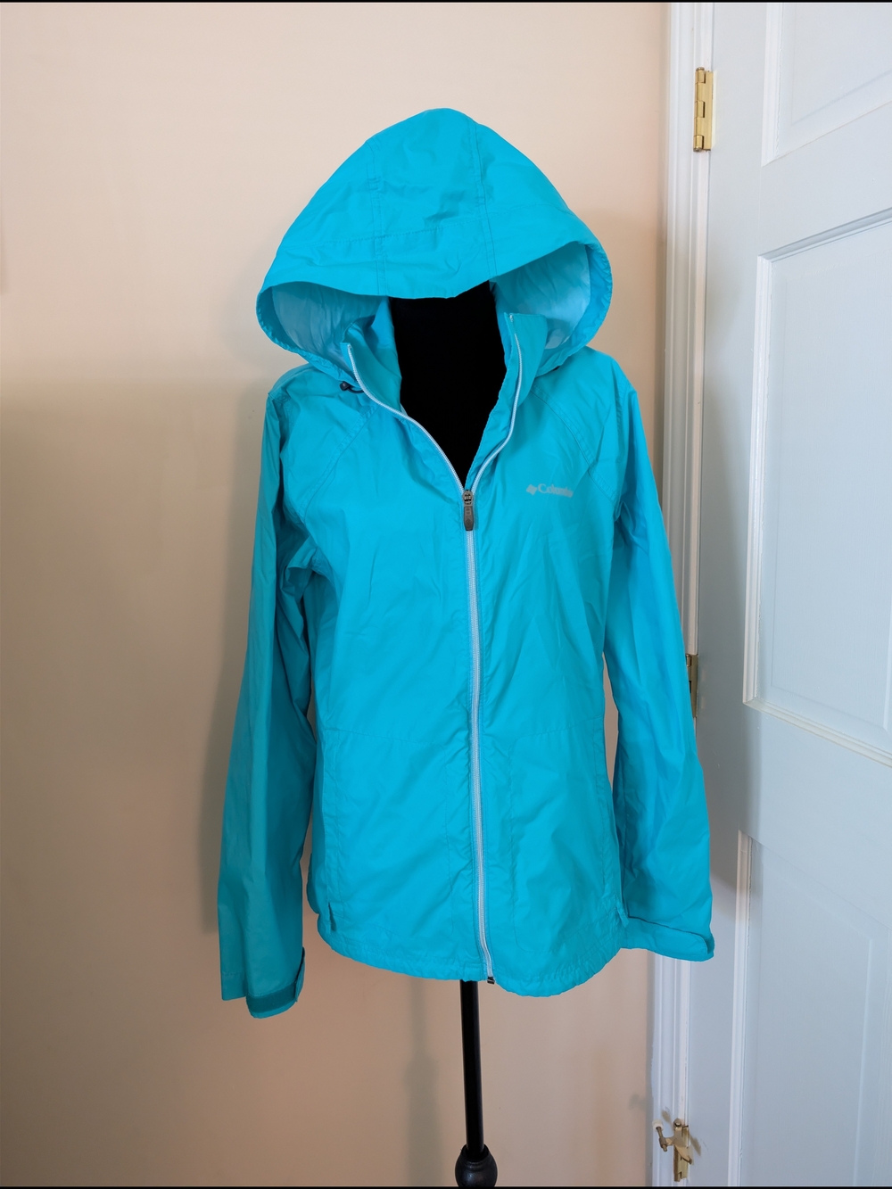 Columbia Blue Hooded Windbreaker Rain Jacket Packable Sz L